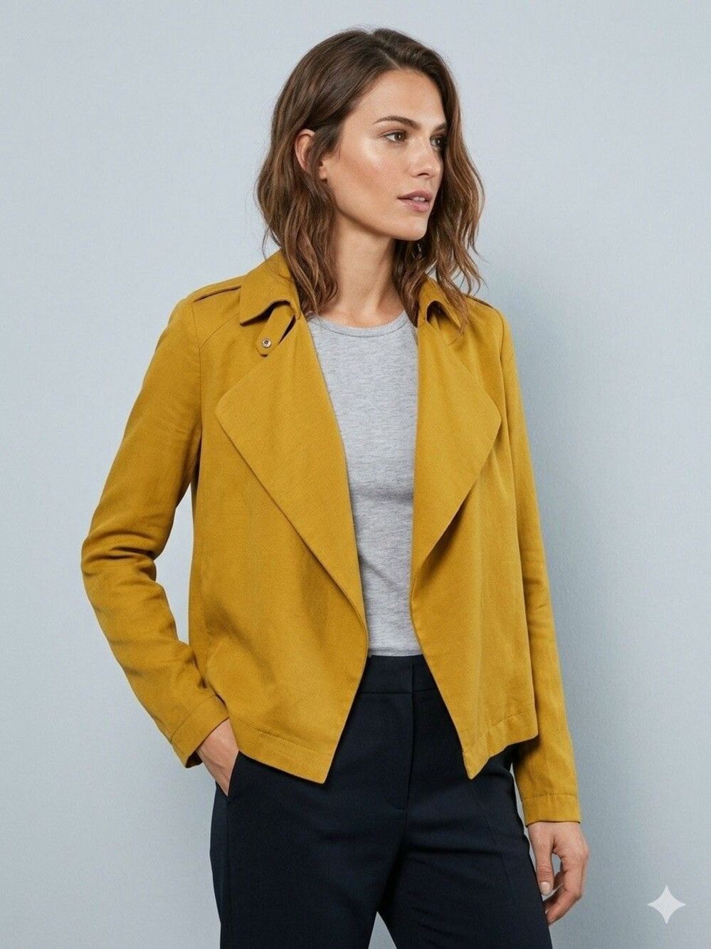 Zara Basic Mustard Yellow Waterfall Drape Front Jacket Size S Open Blazer Office